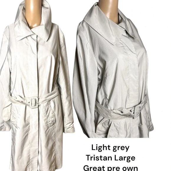 Y2K Tristan belted neutral striped collared,hidden button trench coat,L,lined - Picture 6 of 16